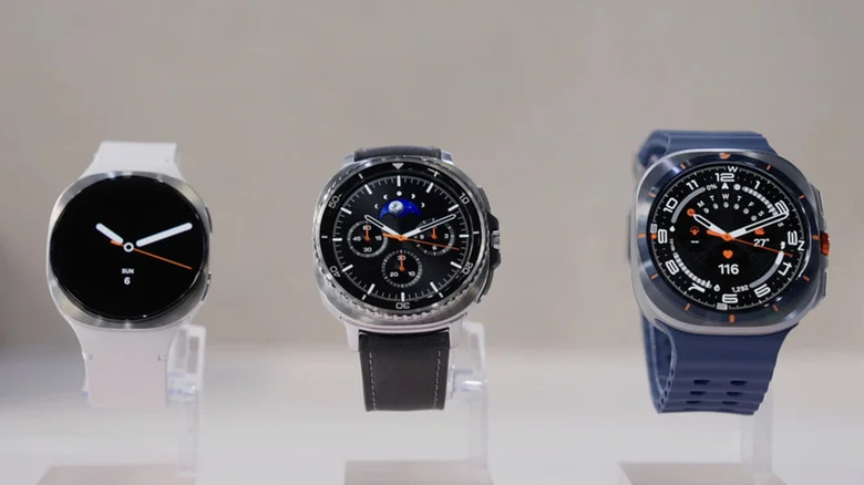 Three Galaxy Watches on clear displays