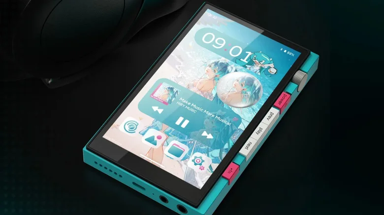 The HiBy Digital M500 x Hatsune Miku audio player on black background