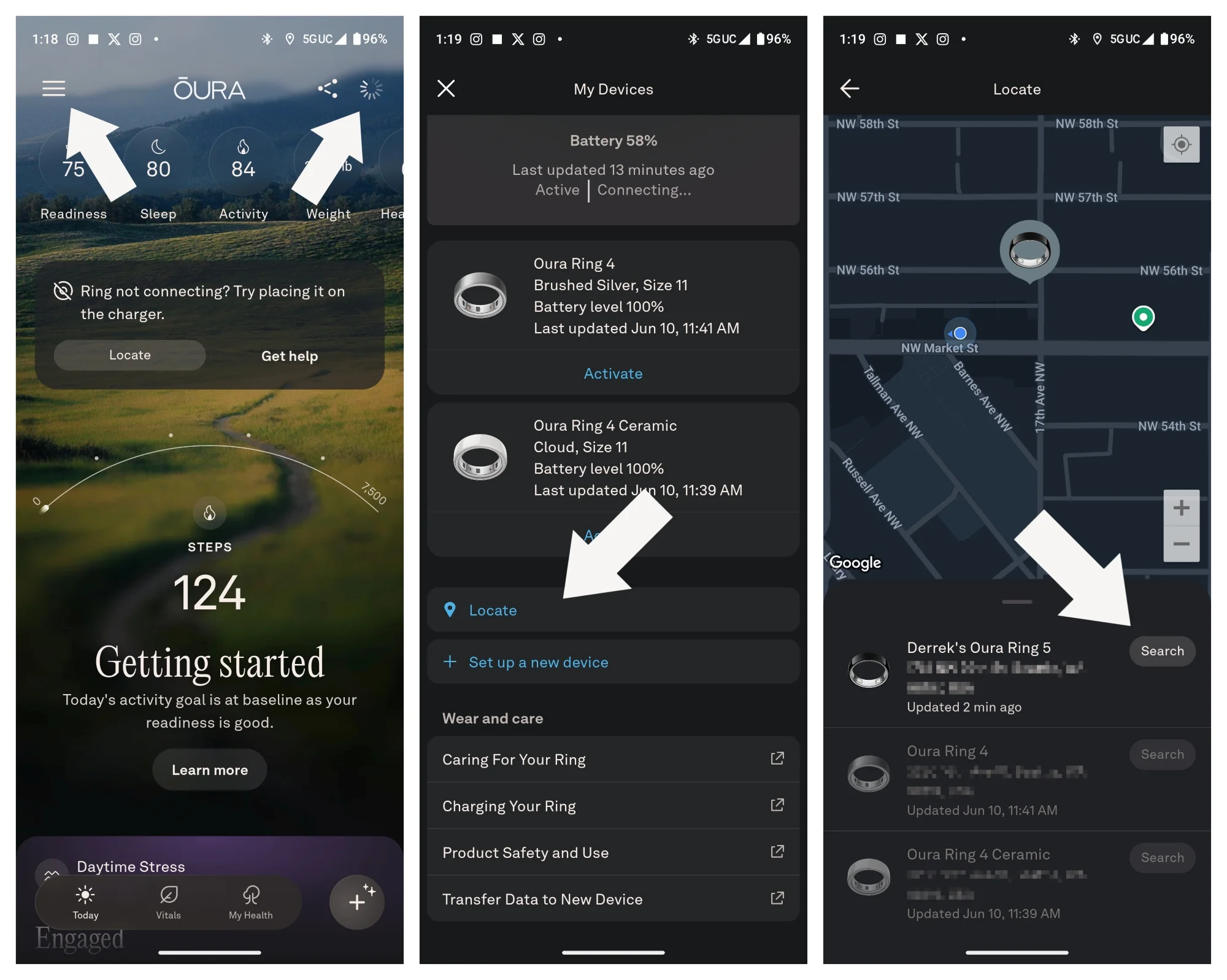 Using the Oura app Locate feature