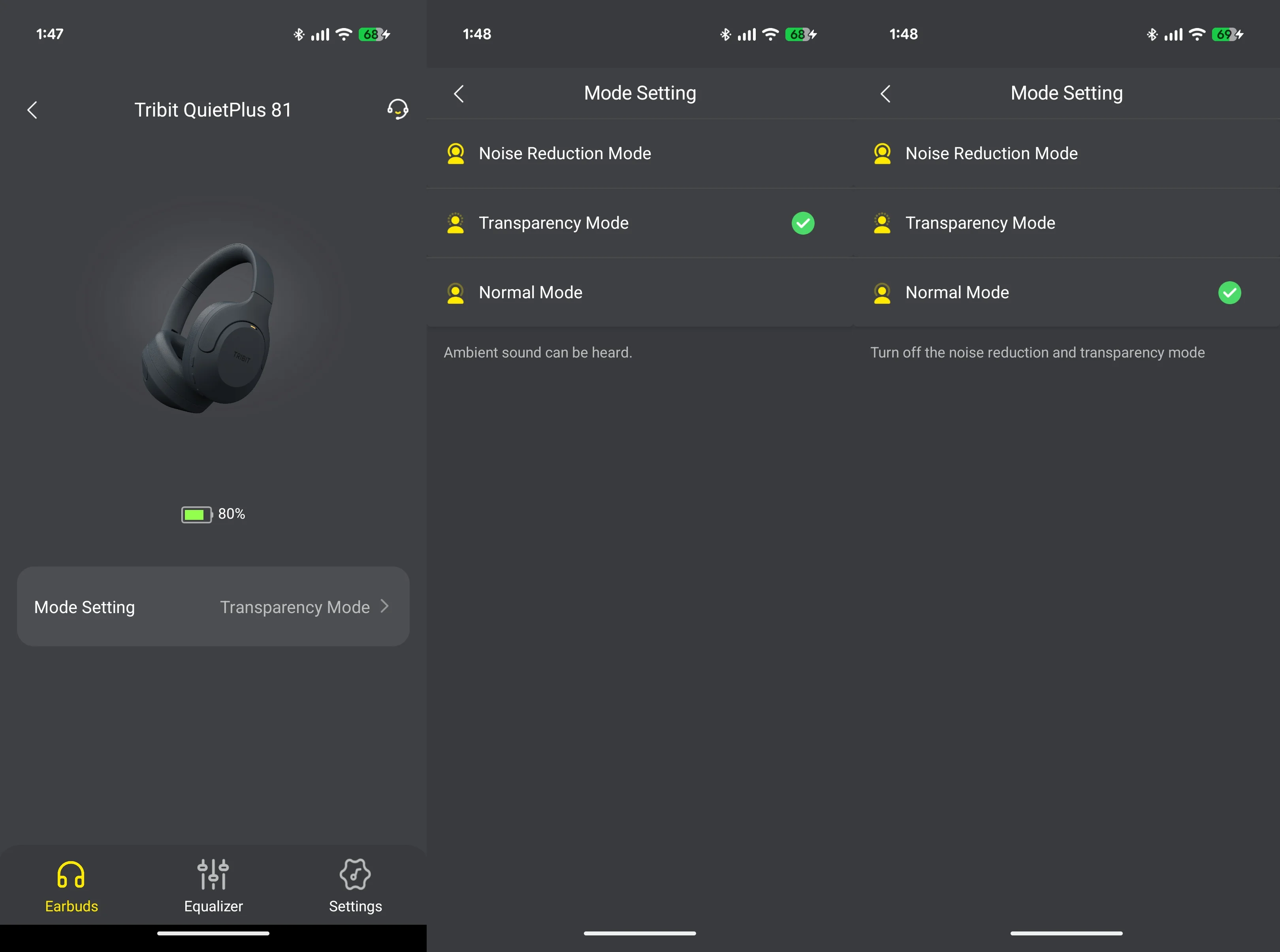 Tribit QuietPlus 81 Over-Ear Headphones app screenshots