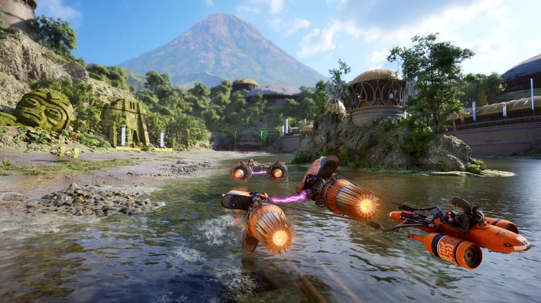 A podracer speeds across shallow water.