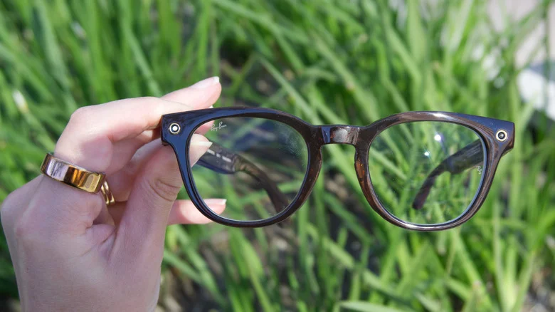 The Ray-Ban Meta Optics with the LED light on.