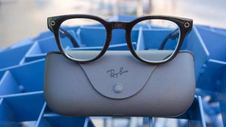 The Ray-Ban Meta Optics on top of their charging case.
