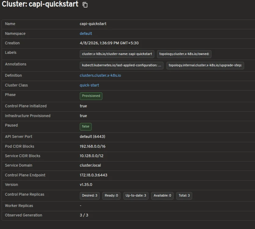 Cluster detail view showing resource status and conditions