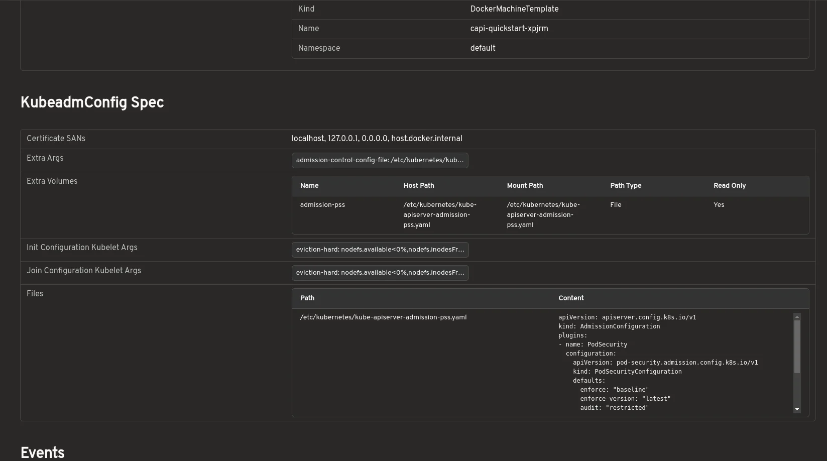 KubeadmConfig detail view showing bootstrap configuration in structured format