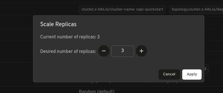 Scale dialog for a MachineDeployment