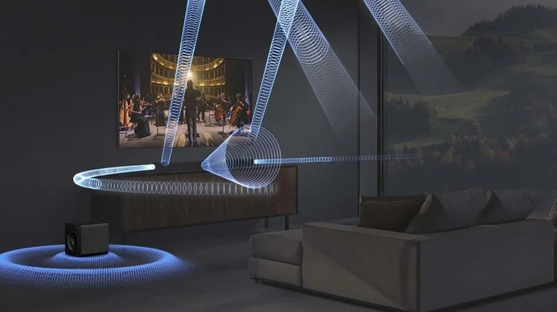 Rendering of Samsung soundbar creating virtual spatial sound