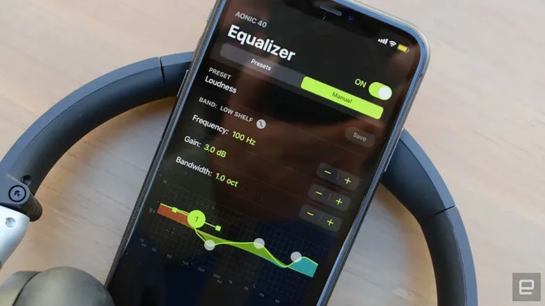 Closeup of a phone with EQ curve settings for the Shure Aonic 40.
