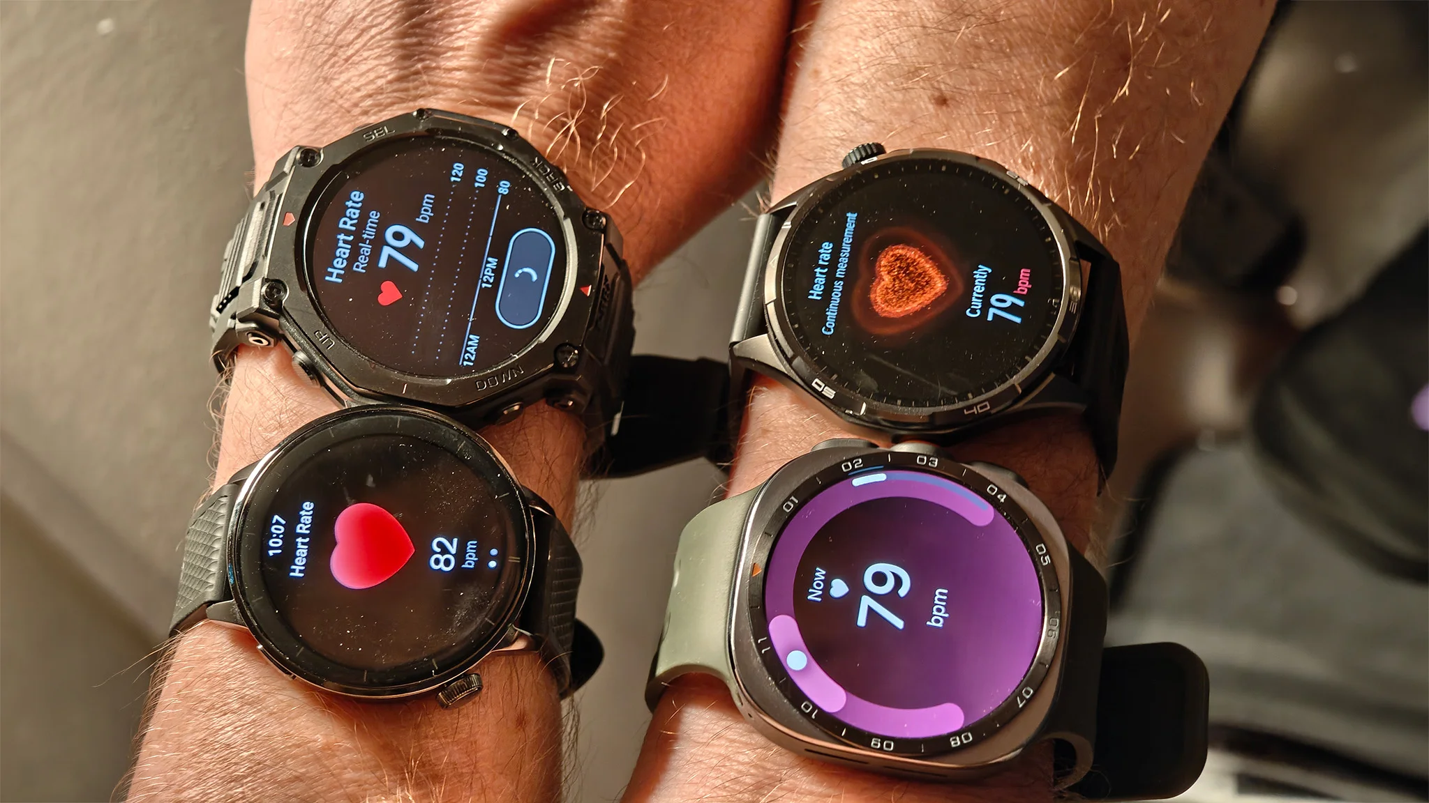 Wearing an Amazfit T-Rex 3 Pro, Honor Watch 6, OnePlus Watch 3 43mm, and Samsung Galaxy Watch Ultra 2 to bed