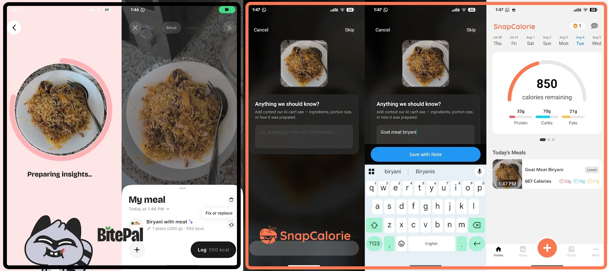 BitePal vs. SnapCalorie AI calorie tracking