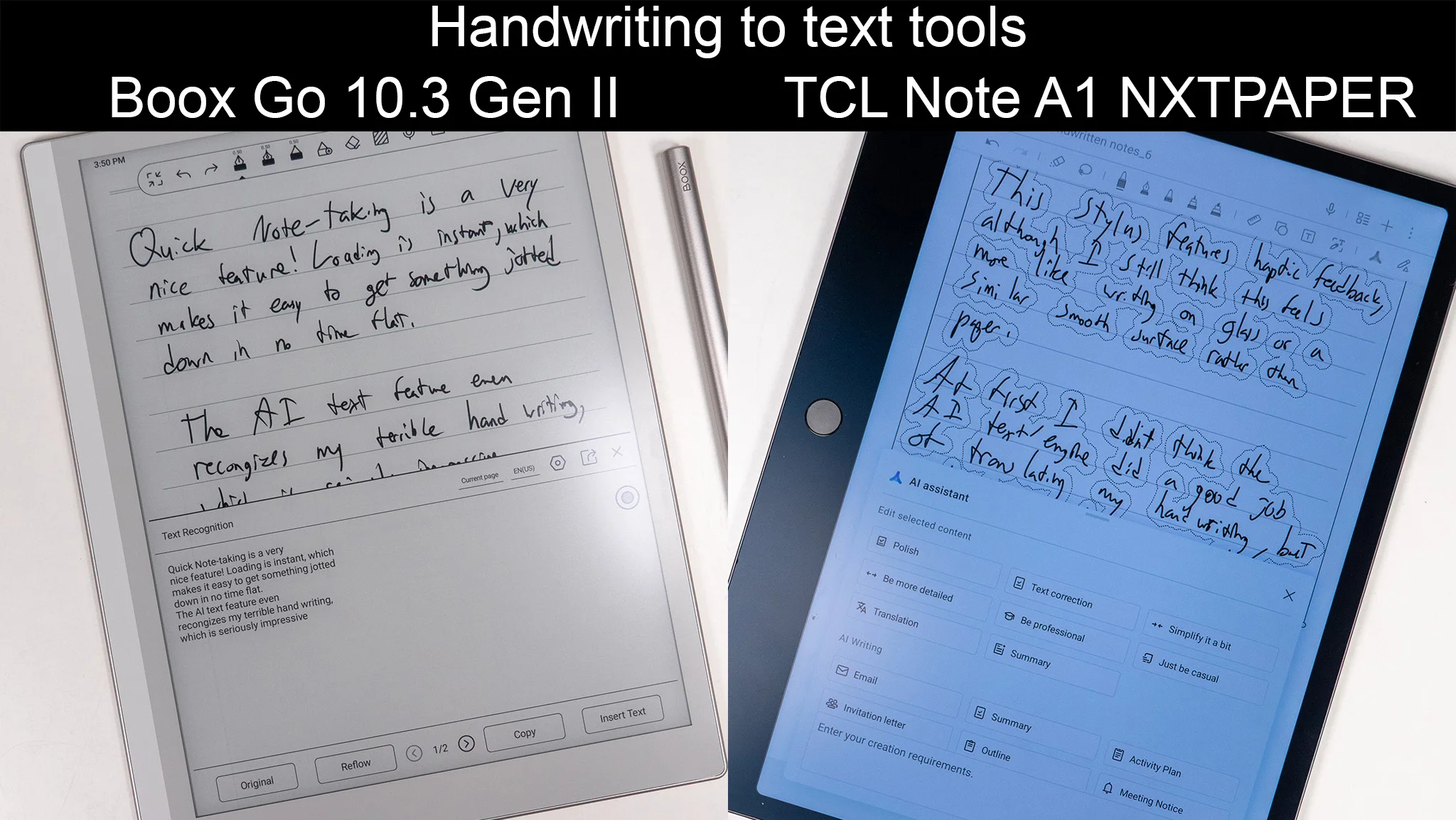 Comparing the handwriting-to-text note-taking tools between the Boox Go 10.3 Gen II and the TCL Note A1 NXTPAPER
