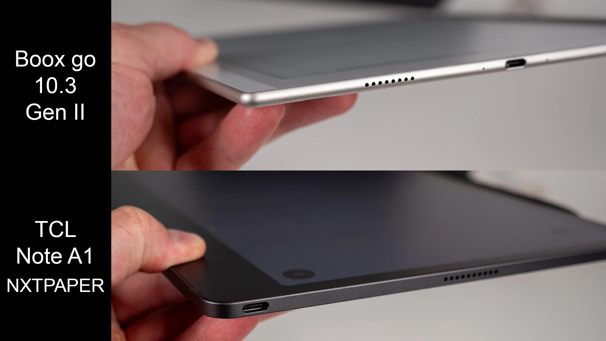 Holding the Boox Go 10.3 Gen II and the TCL Note A1 NXTPAPER to compare weight and thinness