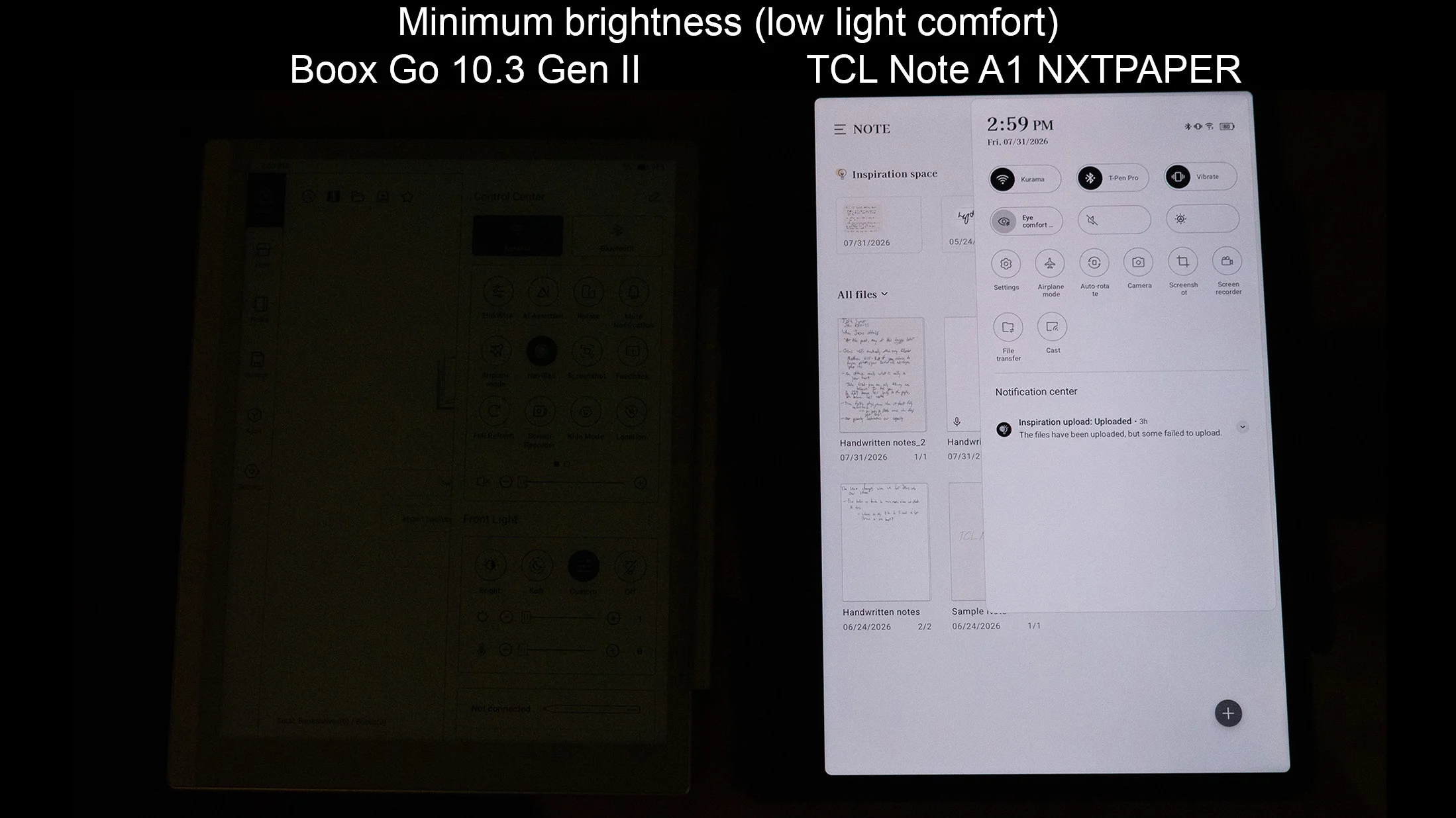 Comparing the minimum brightness output in a dark room between the Boox Go 10.3 Gen II and the TCL Note A1 NXTPAPER