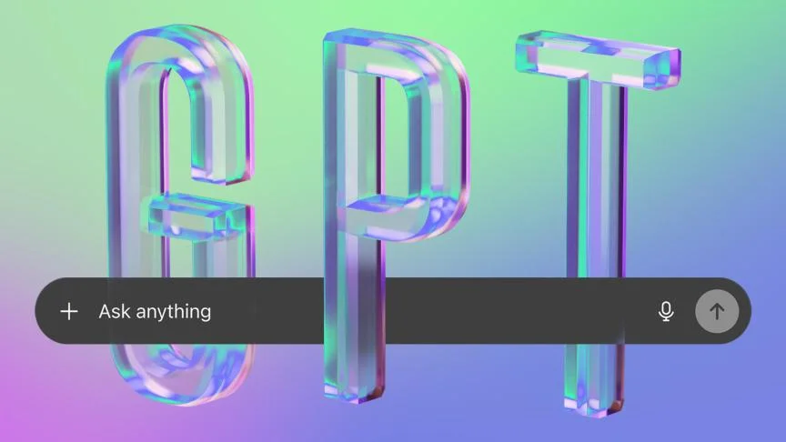 GPT glass letters around the prompt bar on rainbow background