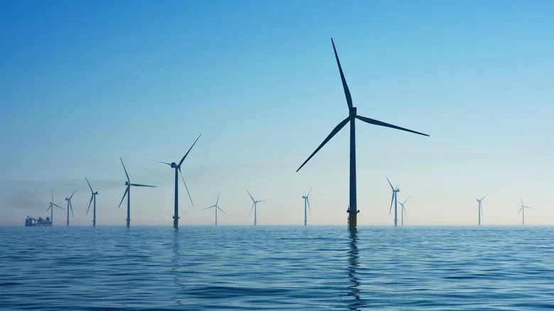 Wind turbines on the water.