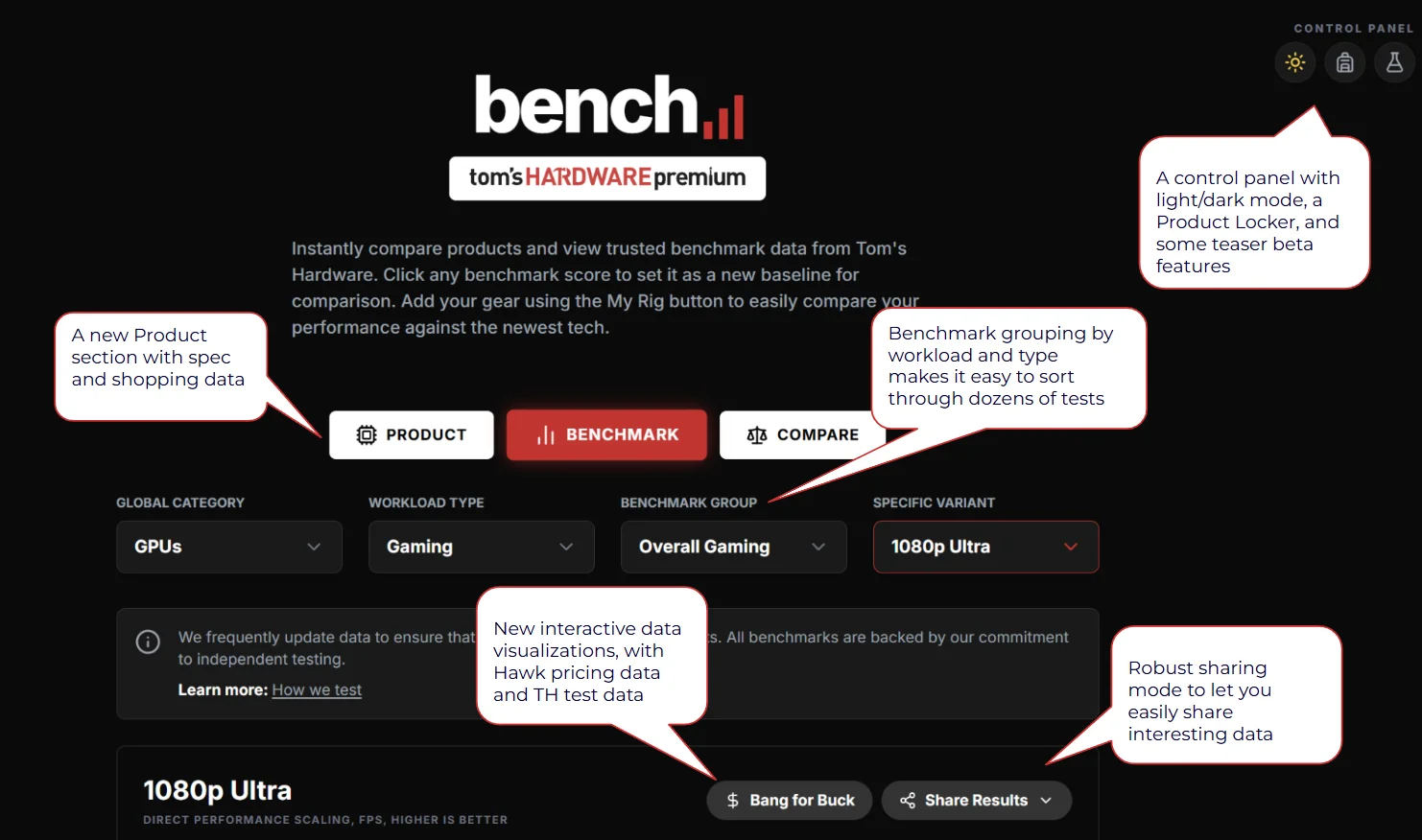 A screenshot featuring all of the new features in Bench 2.0