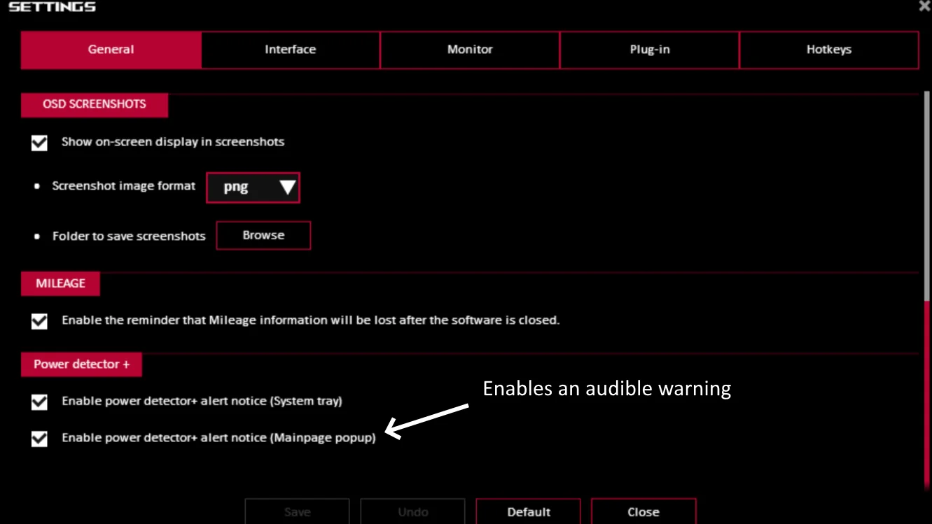 A screenshot of ASUS GPU Tweak III software, with an arrow indicating which option enables the audible over-current warning.