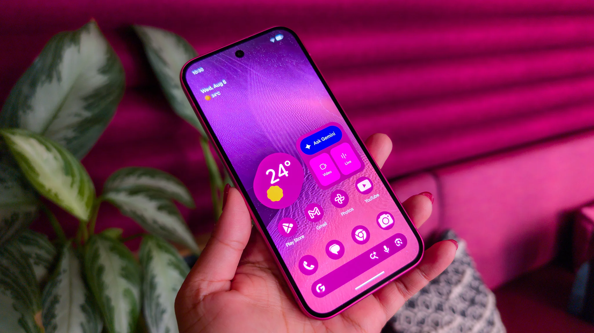 The colorful themed home screen of the Google Pixel 11