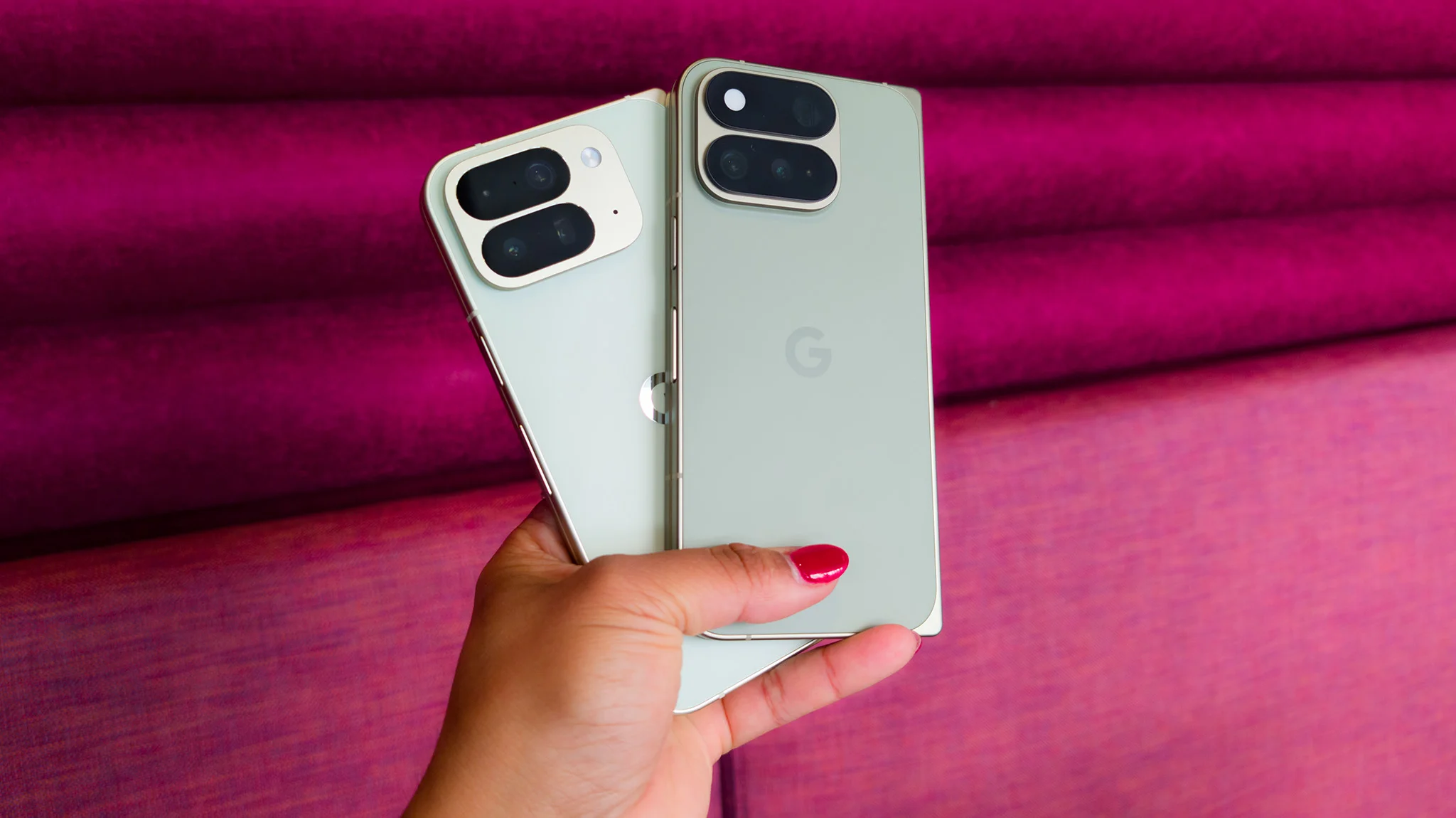 Comparing the Google Pixel 11 Pro Fold (green) with the Google Pixel 10 Pro Fold (white)