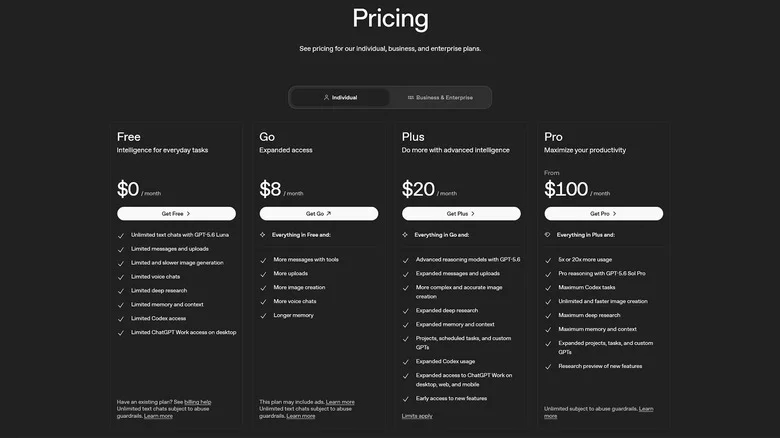 A screenshot showing OpenAI's consumer pricing plans.