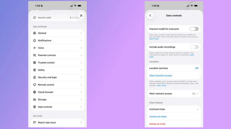 A pair of screenshots show how to access ChatGPT's Data Controls menu.