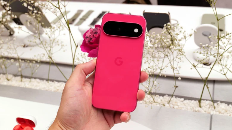 The back of a magenta Pixel 11 phone.
