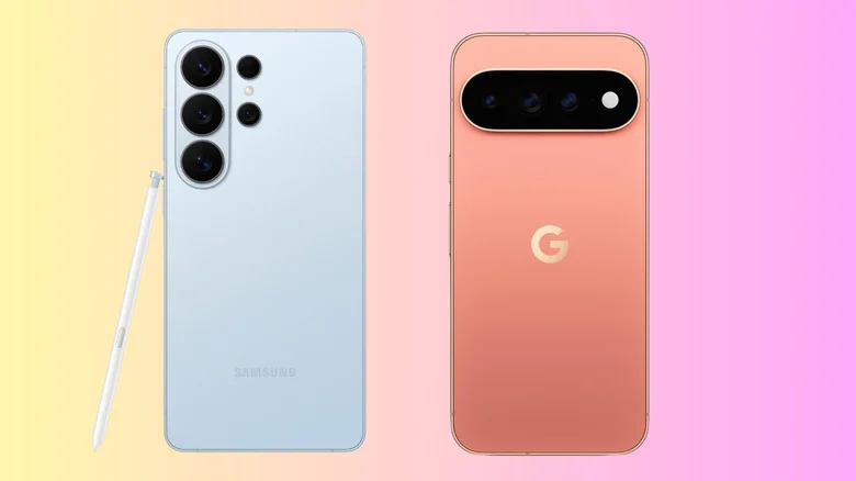 Back view of the Samsung Galaxy S26 Ultra in blue and Google Pixel 11 Pro XL in canyon orange