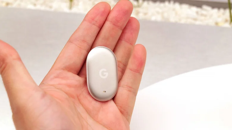 An oval device with a "G" logo in a person's hand.