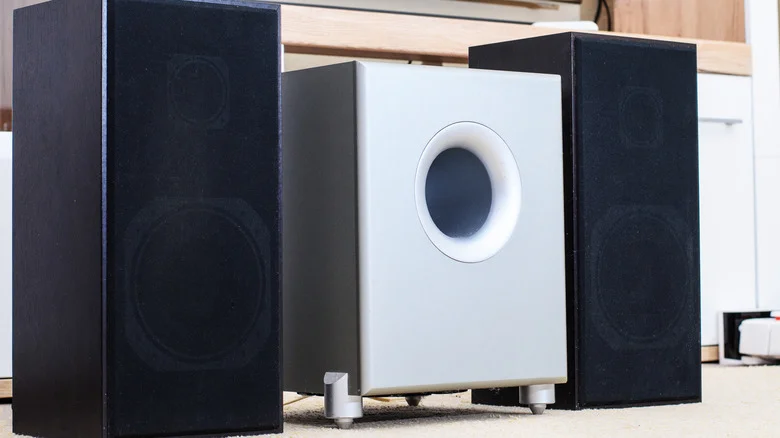 Audio system with speakers and subwoofer.