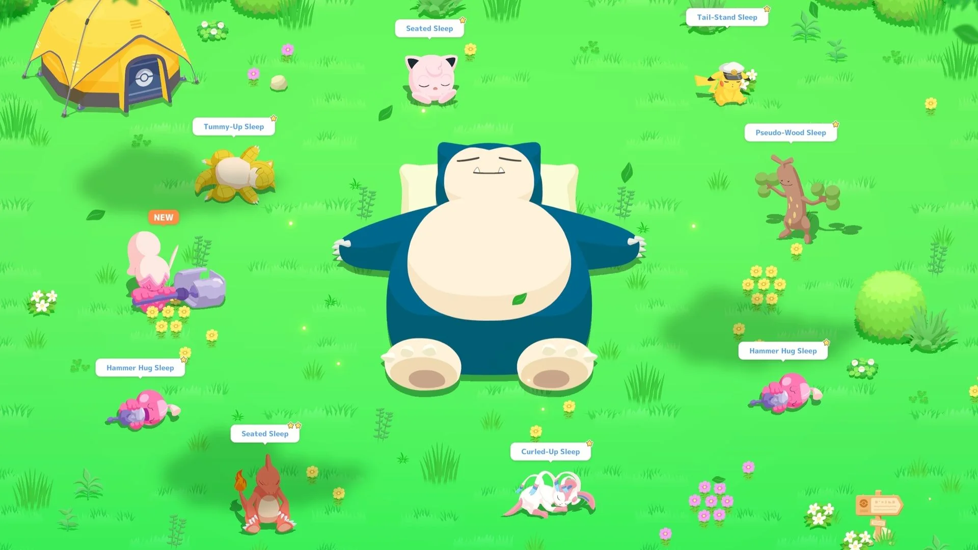 Pokémon sleeping around a Snorlax