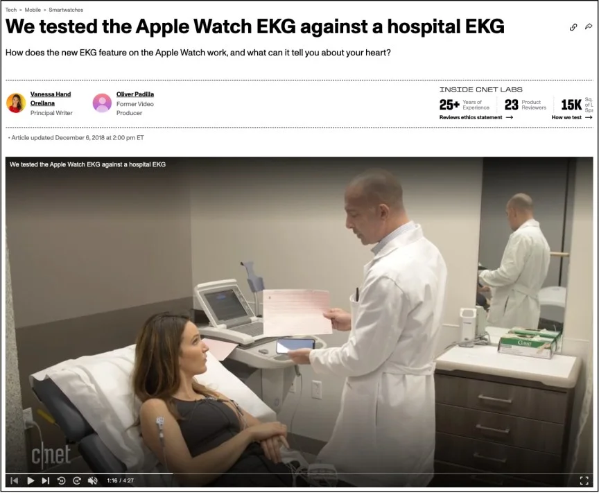 screenshot of a webpage dated Dec. 6, 2018, with the headline "We tested the Apple Watch EKG against a hospital EKG" with a still from a video below, showing Vanessa lying down in a doctor's office, looking concernedly up at a doctor in a white coat