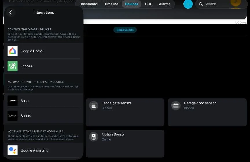 Abode's app showing third party integrations.