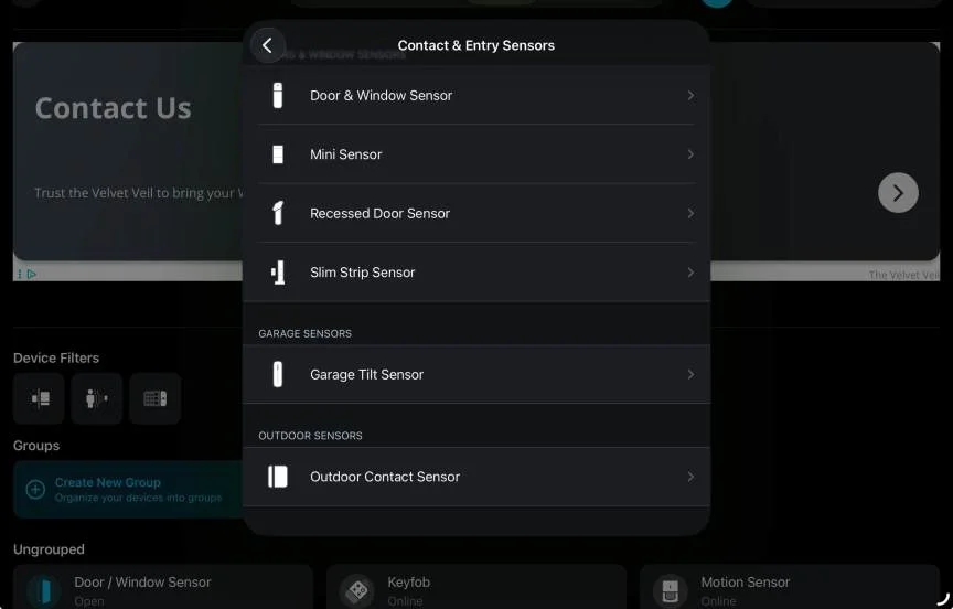 Abode app showing setup for new sensors.
