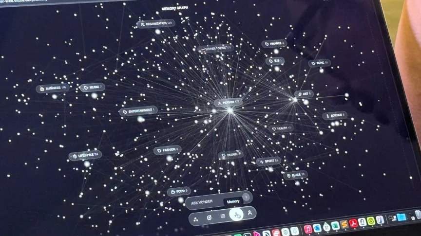 A laptop screen showing lines connecting points with words next to them