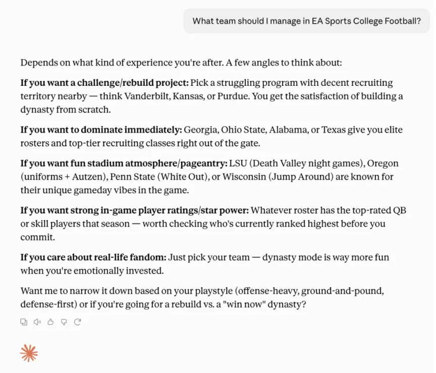 A screenshot showing how Claude responded when prompted to answer about what team I should manage in EA sports college football