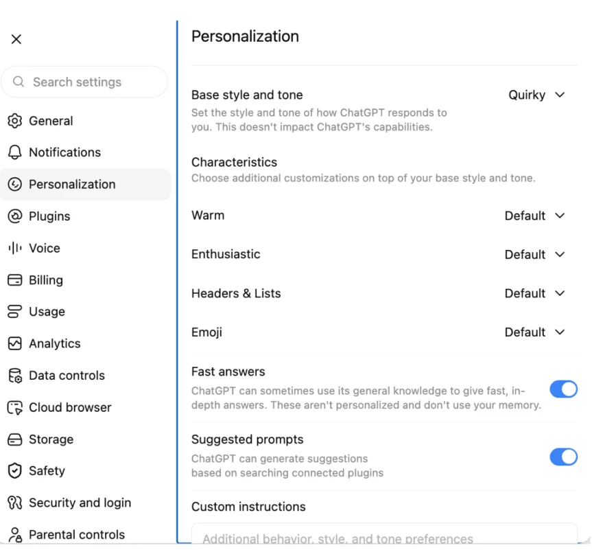 A screenshot showing how you can personalize several options of how ChatGPT responds to you