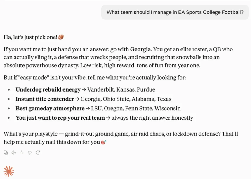 A screenshot showing how Claude responded when prompted to answer about what team I should manage in EA sports college football