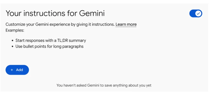 A screenshot showing how you can personalize several options of how Gemini responds to you