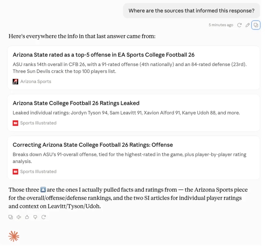 A screenshot of Claude responding to a prompt to provide citations for its previous response
