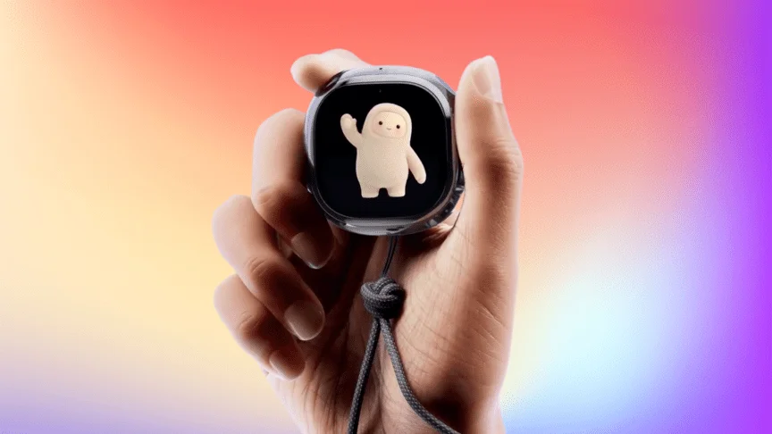 A hand holding the Muse Charm on a rainbow background