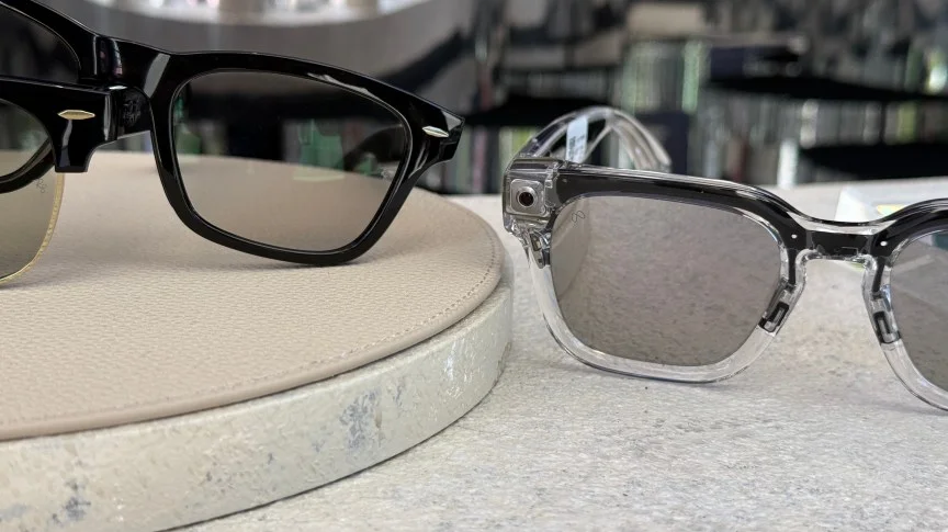 Two pairs of Meta glasses, one with cameras on them, one without.