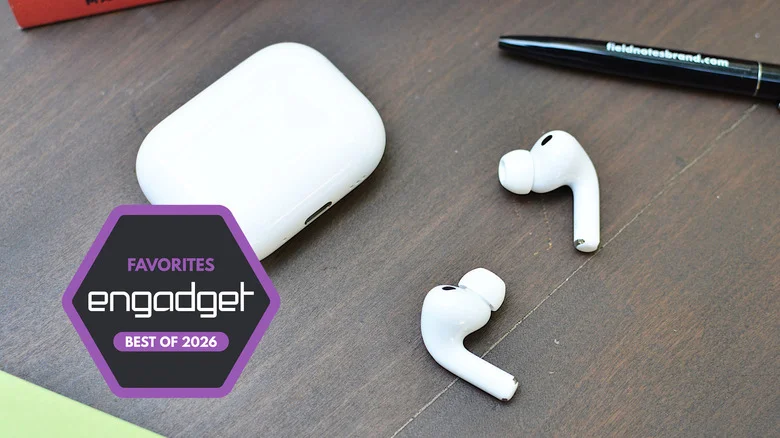 AirPods Pro 3 earbuds and case with and Engadget Favorites badge overlay.