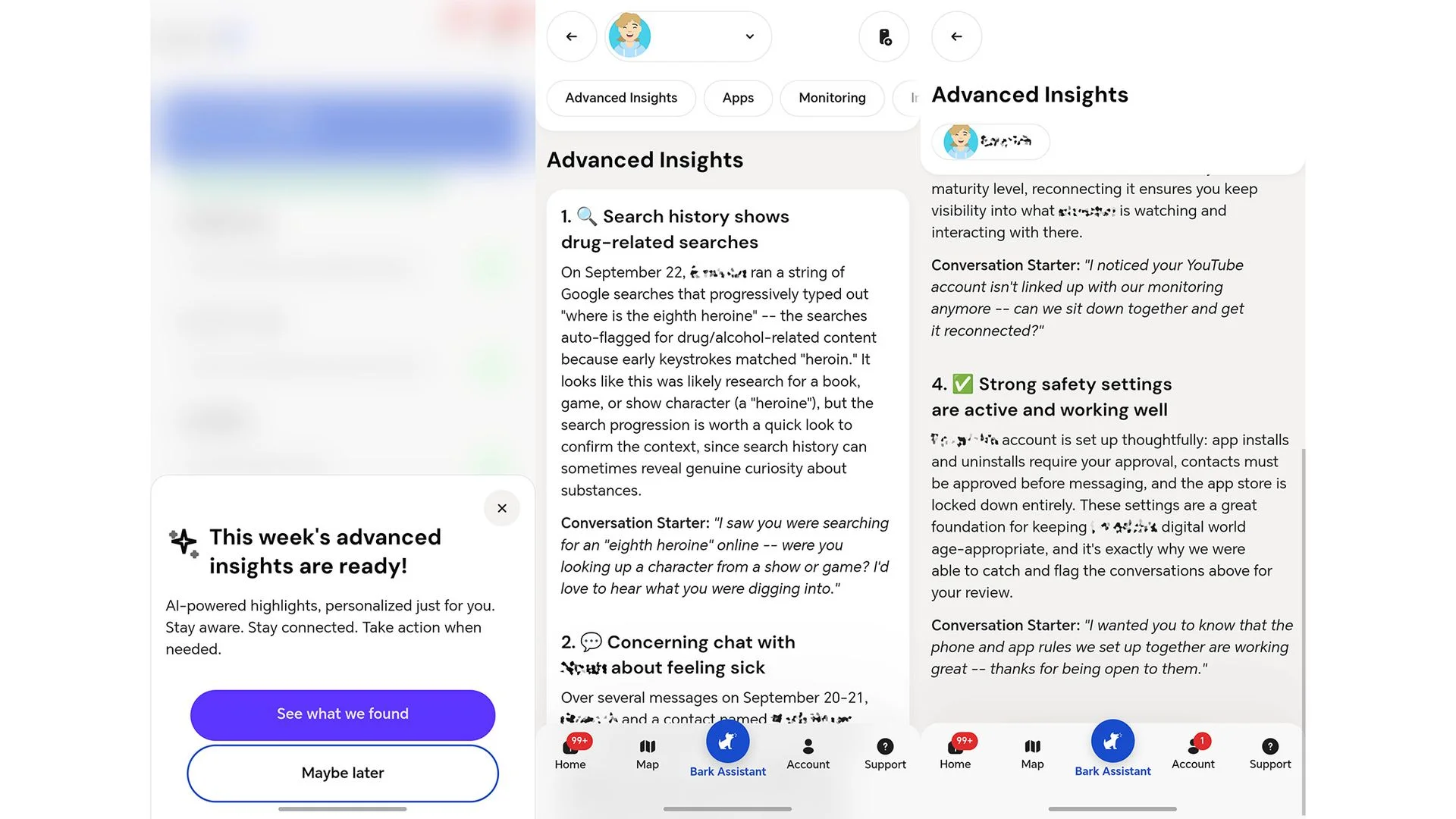 Advanced Insights on the Bark app identifying potential problems with a child's online searches and conversations