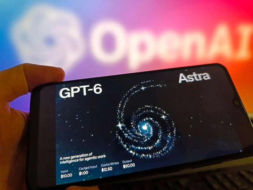 OpenAI logo in the background, hand holding phone with image representing GPT-6 Astra AI model in the foreground.