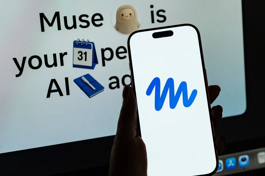 In this photo illustration, a person holds a smartphone displaying the logo of Muse, Meta’s personal AI agent