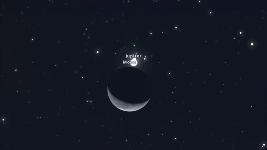 A graphic showing the moon and Jupiter very close together.
