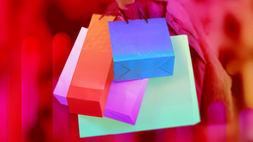 colorful gift bags on a red background