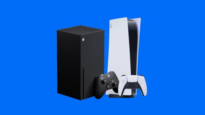 An Xbox Series X next to a PlayStation 5.