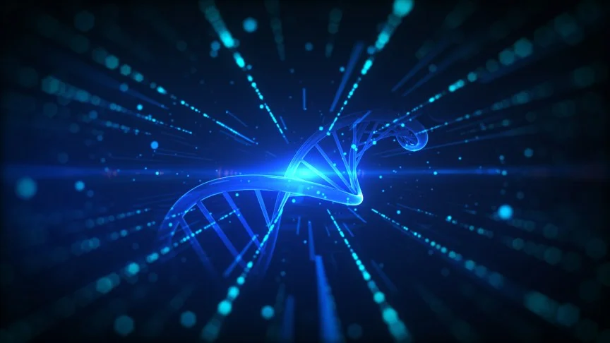 A DNA strand in a speed-tunnel-like graphic.